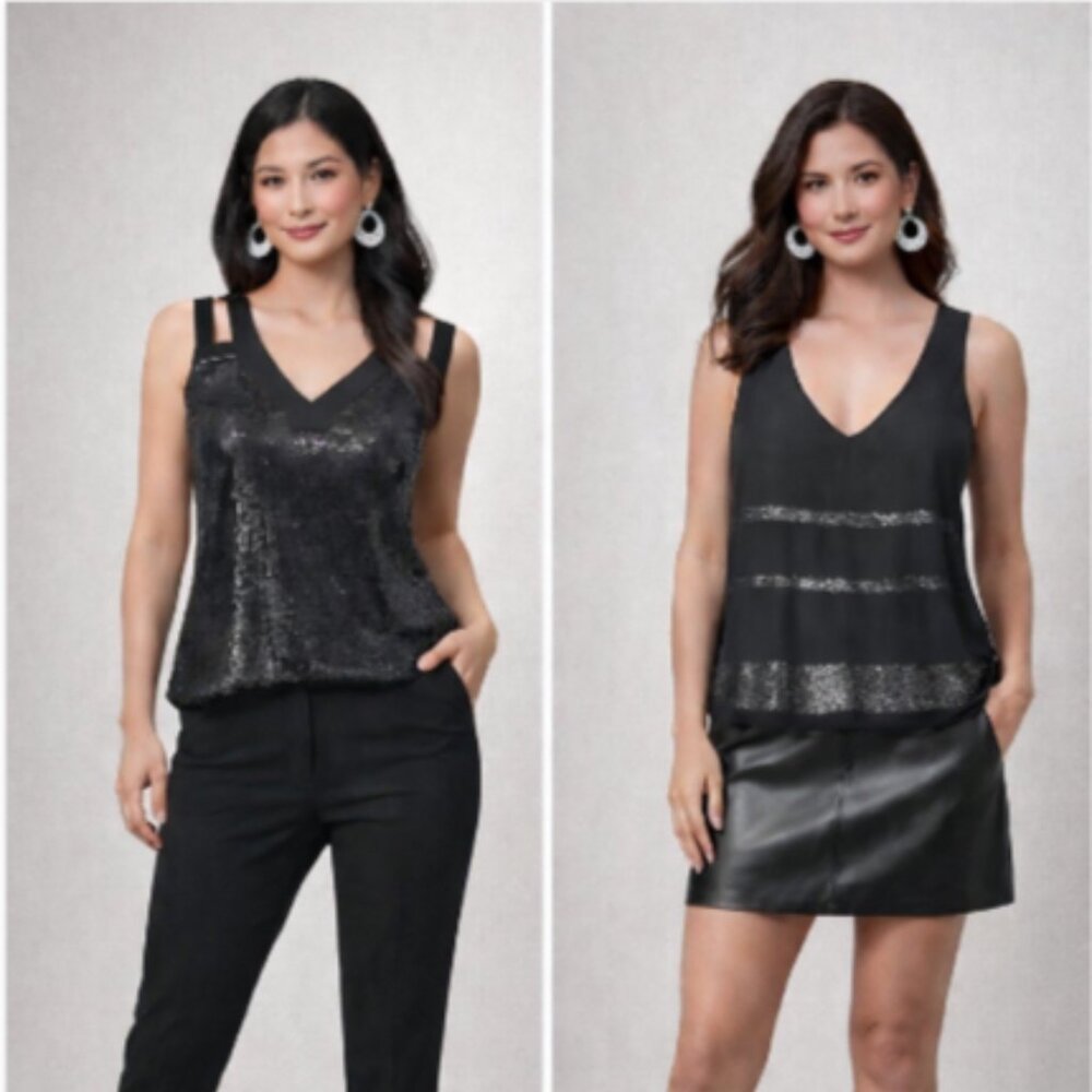 Y2K Bebe Black Sequin Beaded Tank + Noir Sequin Top + Silver Earrings 3pc Bundle